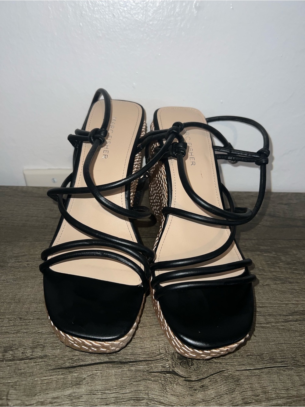 Black Strappy Wedge Sandals by Marc Fischer